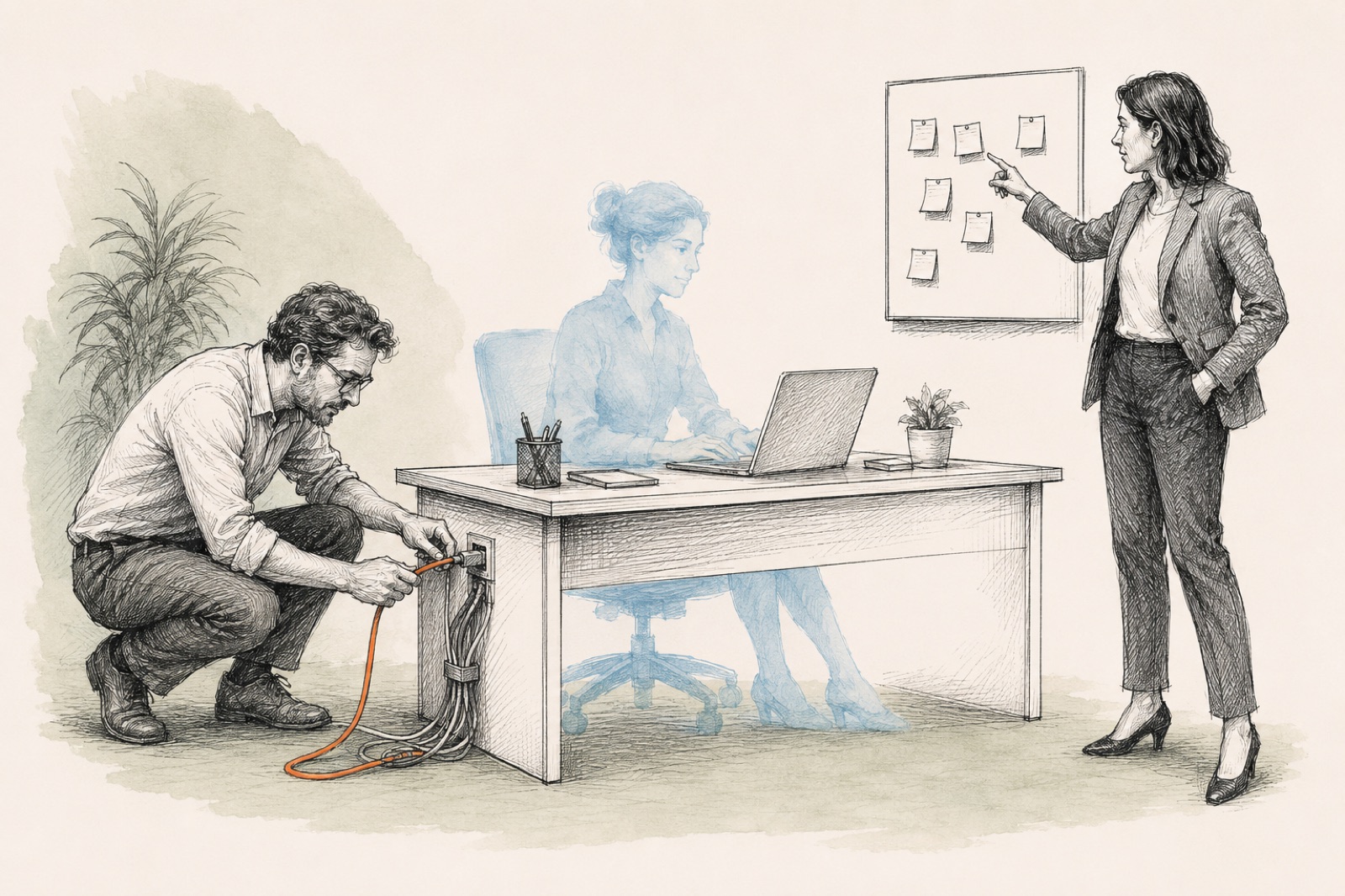 Een digitale collega aan het bureau, tussen twee mensen